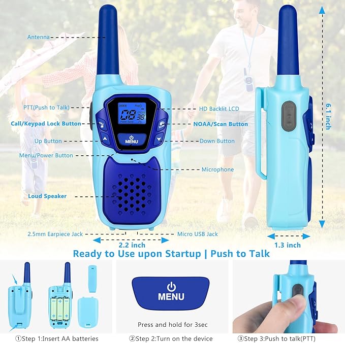 Walkie Talkies for Kids Long Range Walkie-Talkie for Adults Rechargeable 2 Way Radios 3 Pack with Lanyard 4 Miles NOAA USB VOX, Family Toys for 3-12 Year Old Boys Girls Toddlers Camping Hiking