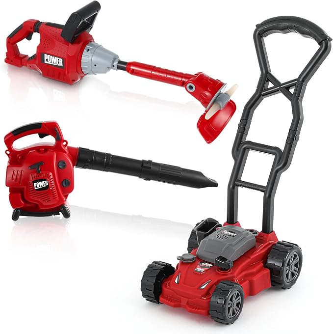 3 Pcs Toy Gardening Tool Set for Kids Toy Leaf Blower Weed Trimmer Push Lawn Mower Pretend Play Set with Lights and Sounds Christmas Birthday Gifts for Boys Girls