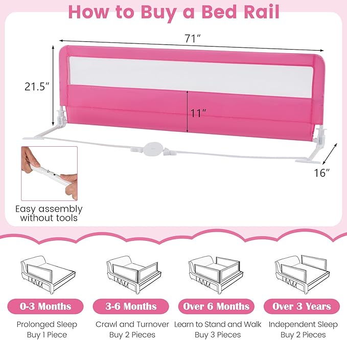 HONEY JOY Bed Rail for Toddlers, 71-in Extra Long, Portable Safety Bed Guardrail w/Double Safety Child Lock, Foldable Baby Bed Rail Guard, Fit King & Queen Full Twin Size Bed Mattress(Pink, Pack 1)
