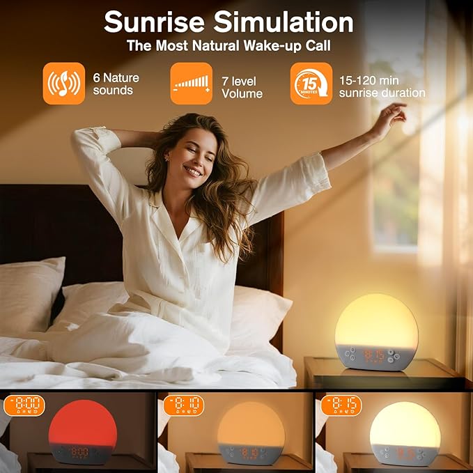 Sunrise Alarm Clock for Heavy Sleepers Adults,White Noise Sound Machine 30 Soothing Sounds, Dimmable Digital Clock&Night Light, Wake Up Light/Bedside Lamp/Alarm Clocks for Bedrooms,Ideal for Gift