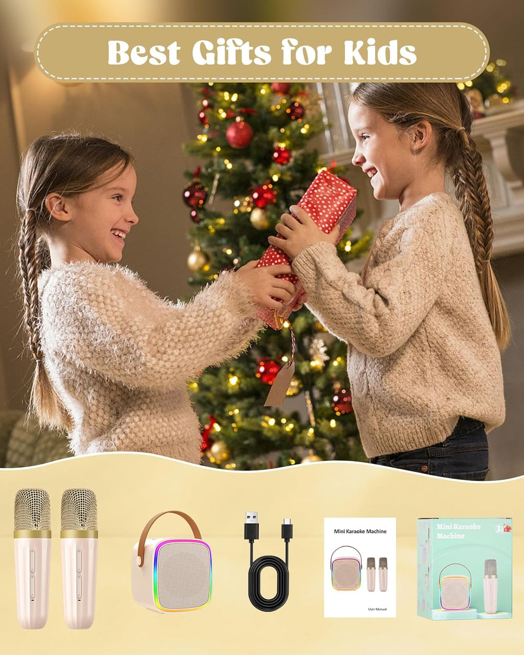 Mini Karaoke Machine with 2 Wireless Microphones, Kids Toys Portable Bluetooth Speaker for Kids Adults Toddler, Christmas Girls Toys for 4 5 6 7 8 9 10 12 Year Old Birthday Gift Ideas(Beige)