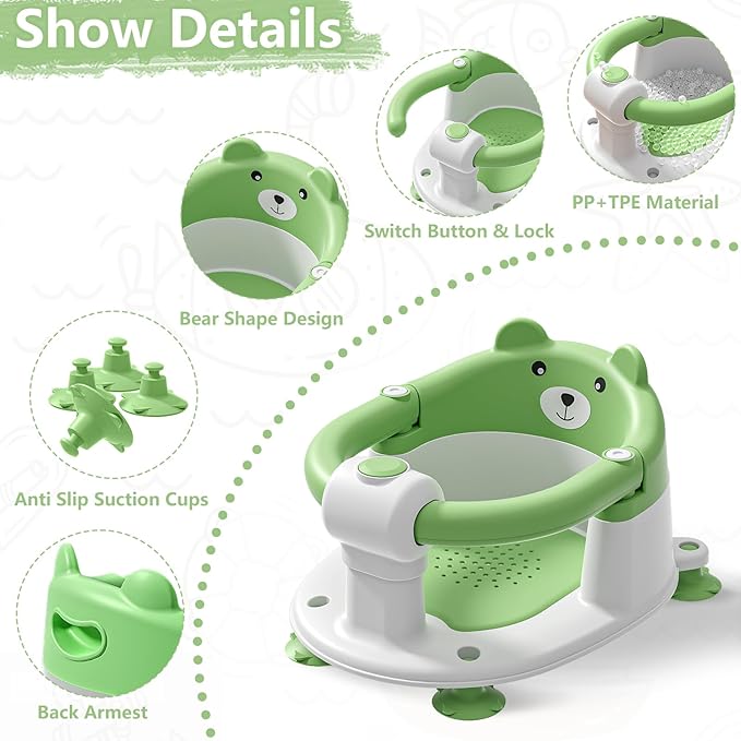 Baby Bath Seat for Babies 6 Months & Up, Toddler Bath Seats for Babies Sitting Up, Non-Slip Infant Bath Tub Chair with Suction Cups & Soft Cushion for Shower, Compact Toddler Bathtub Seat, Green