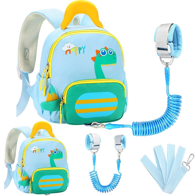 Accmor Toddler Leash Backpack with Anti Lost Wrist Link, Cute Dinosaur Bag Children Safety Walking Harness with Removable Little Pouch, Kids Travel Essential Mini Back Pack with Tether for Baby Boys
