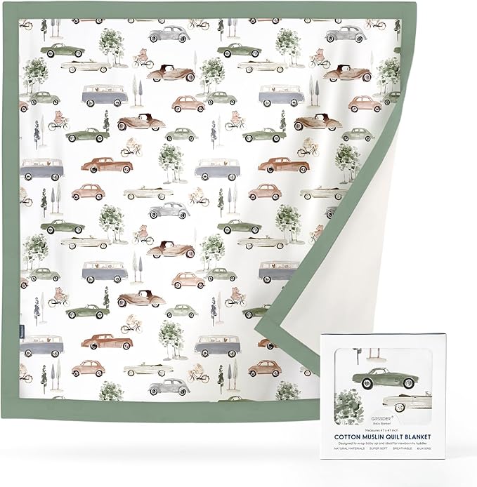 GRSSDER Cotton Muslin Quilt Blanket - Silky Soft and Breathable Baby Blanket Quilt, Oversized Muslin Blankets for Newborns, Toddlers & Kids, 6 Layers Reversible Design for All Seasons, 47" x 47"