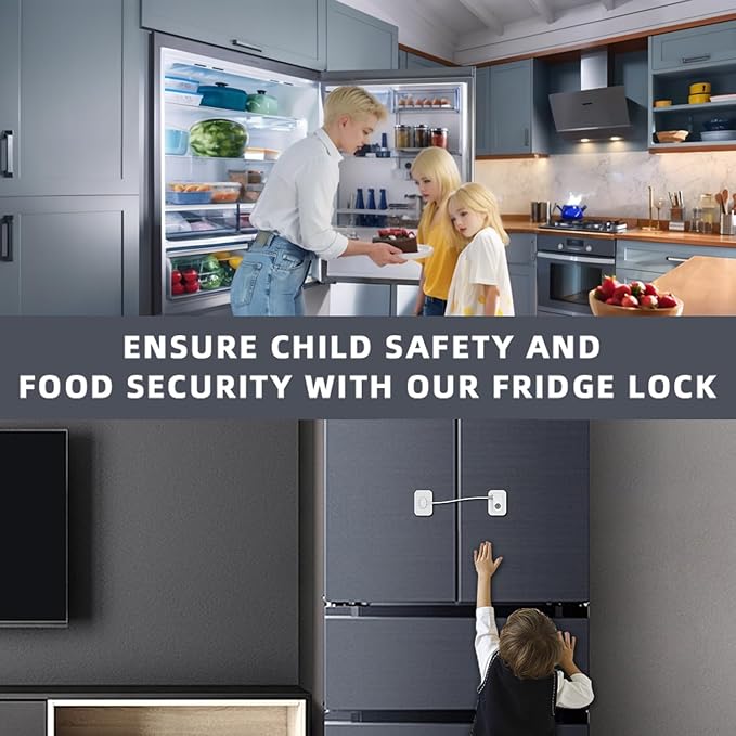 Refrigerator Lock 2 Packs, Fridge Lock with Silicone Wire Protection Fridge Locks for Kids Easy to Use and Install Cabinet Locks with Key, White