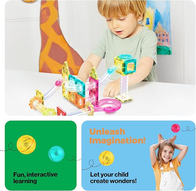 PicassoTiles Magnet Tiles Building Block Travel Size Magnetic Marble Run Construction Toy Set Mini Diamond Marble Racetrack Building Blocks Playset Education STEM Learning Kit Boy Girl 3+ PTMG45