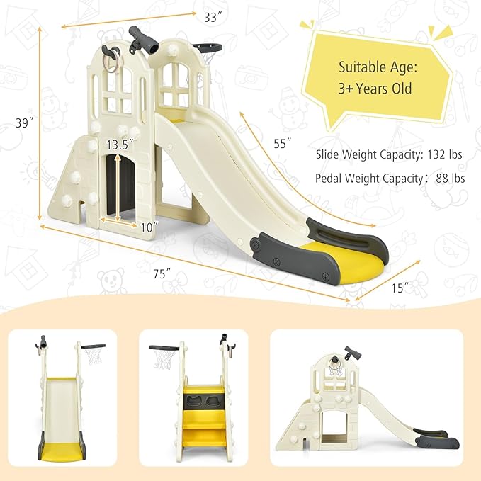 BABY JOY Toddler Large Slide, 6 in 1 Slide for Kids with Basketball Hoop, Ring Toss, 2 in 1 Convertible Climbing Way, Freestanding Kids Slide Climber Set for Indoors Outdoor Boys Girls Gifts Present