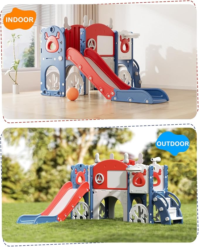 XJD 13 in 1 Toddler Slide Set, Kids Slide for Toddlers Age 1+, New Upgrade with Golf Set, Basketball Hoop, Drawing Board for Indoor Outdoor Playset,Toddler Playground (Blue Red)