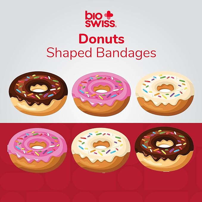BioSwiss Bandages, Donut Shaped Self Adhesive Bandage, Latex Free Sterile Wound Care, Fun First Aid Kit Supplies for Kids, 50 Count