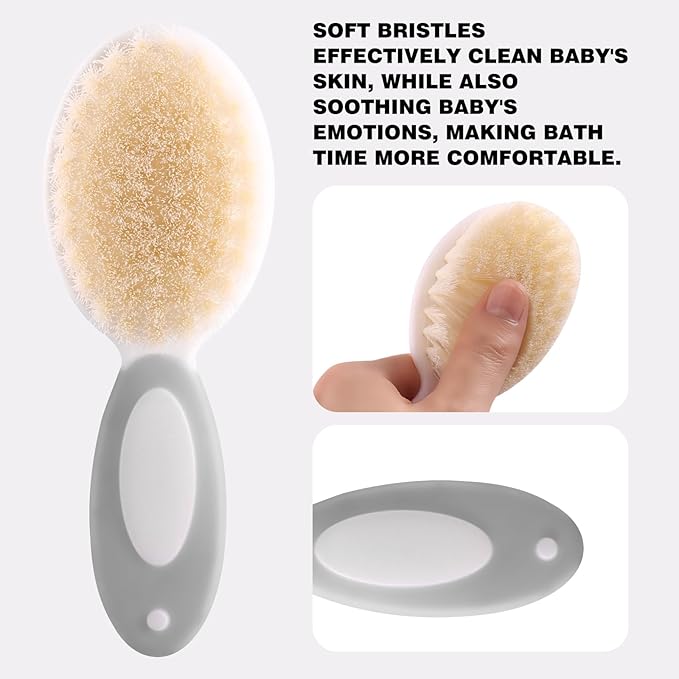 Baby Grooming Kit with Storage Pouch Baby Brush Soft Bristles 5 pcs-Infant Brush, Rounded Comb, Safety Scissors, Nail Clippers & Emery Board -Health Care Kit for Newborns & Toddlers Gray