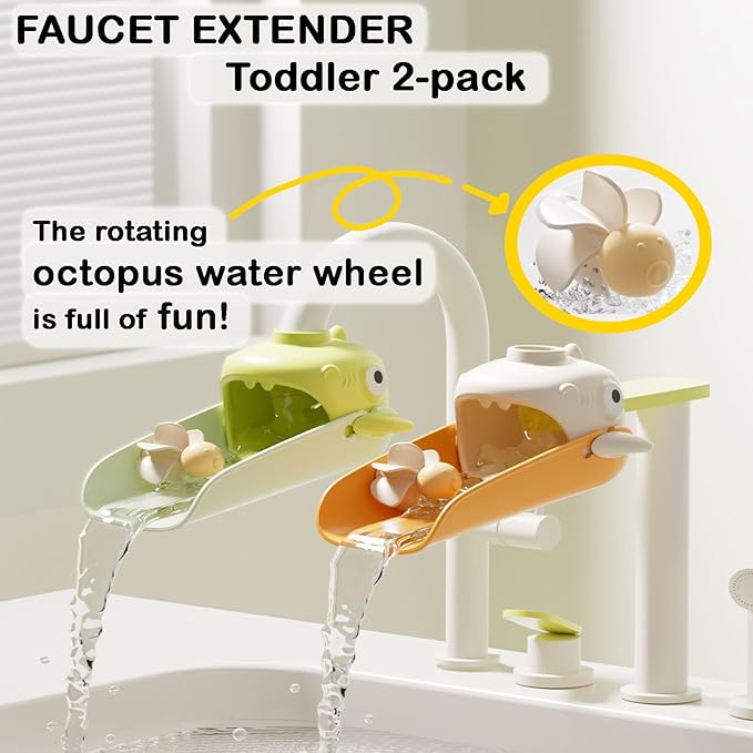 Faucet Extender for Toddlers, （Shark）3 Adjustable Lengths & Temperature Sensitive, Splash-Proof Kids Sink Extender for Bathroom & Kitchen Sink (Orange, Green)