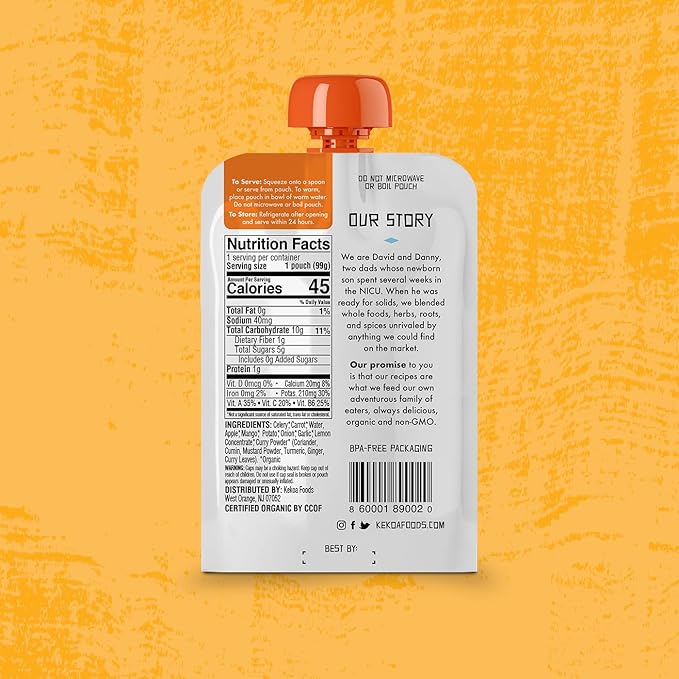 Kekoa Foods 100% USDA Certified-Organic Vegetarian Baby Food Puree Variety Pack: 3.5 oz Squeeze Pouches | Apple & Ginger, Mango Paprika, Curry Vegetable Mango | No Added Sugar or Salt | Nutrient-Rich