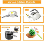 130Pcs Kitchen Playset, Toddler Pretend Cooking Play Pots, Pans, Utensils Cookware, Daily Food Fruit Veges, Shopping Storage Basket, Dessert, Prop Money, Learning Gift for Child (White)