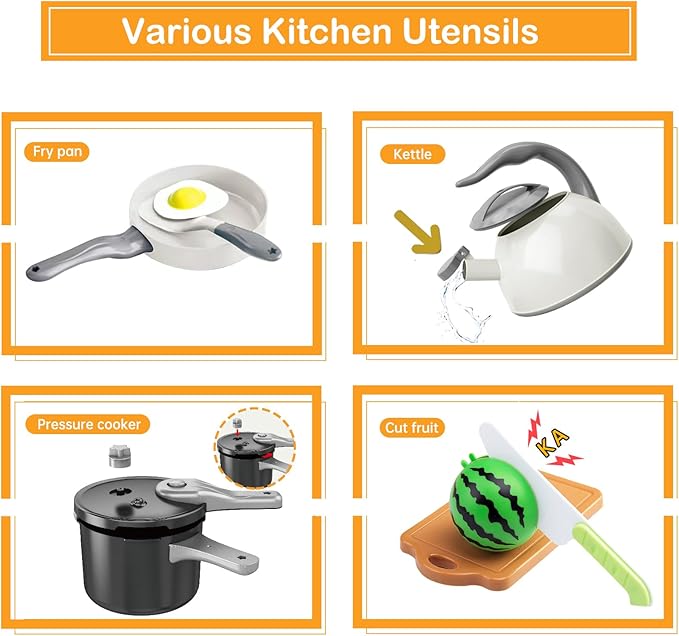 130Pcs Kitchen Playset, Toddler Pretend Cooking Play Pots, Pans, Utensils Cookware, Daily Food Fruit Veges, Shopping Storage Basket, Dessert, Prop Money, Learning Gift for Child (White)