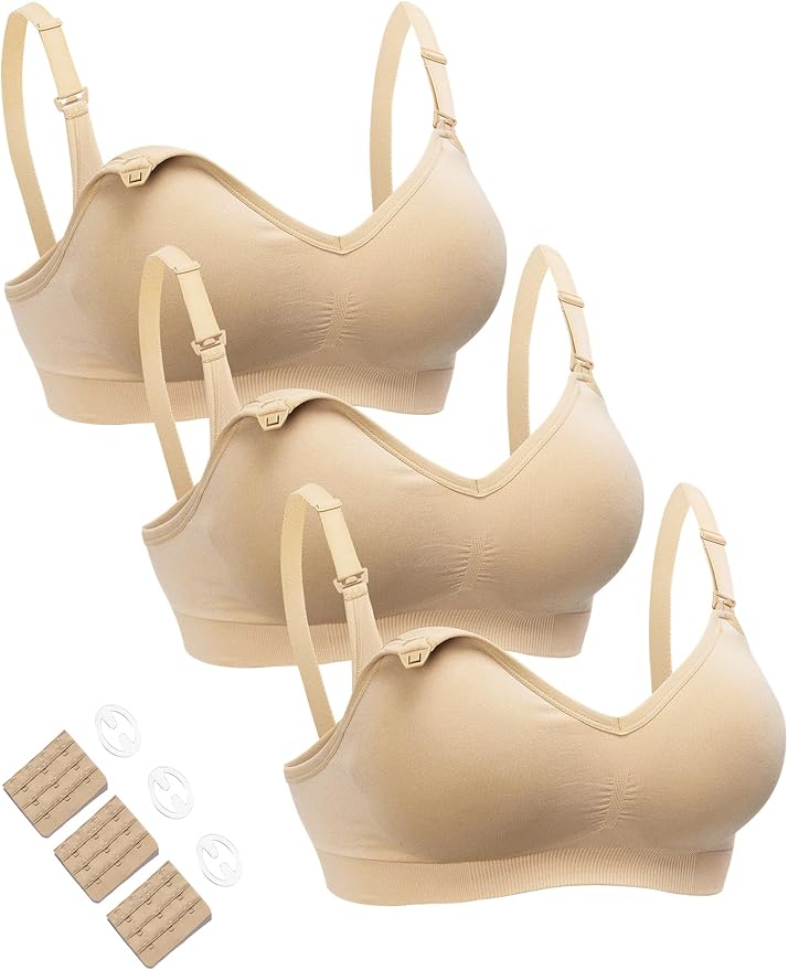 HOFISH Maternity Nursing Bras for Breastfeeding, 3 Pack Pregnancy Deep V Neck Wireless Bra with Extenders & Clips
