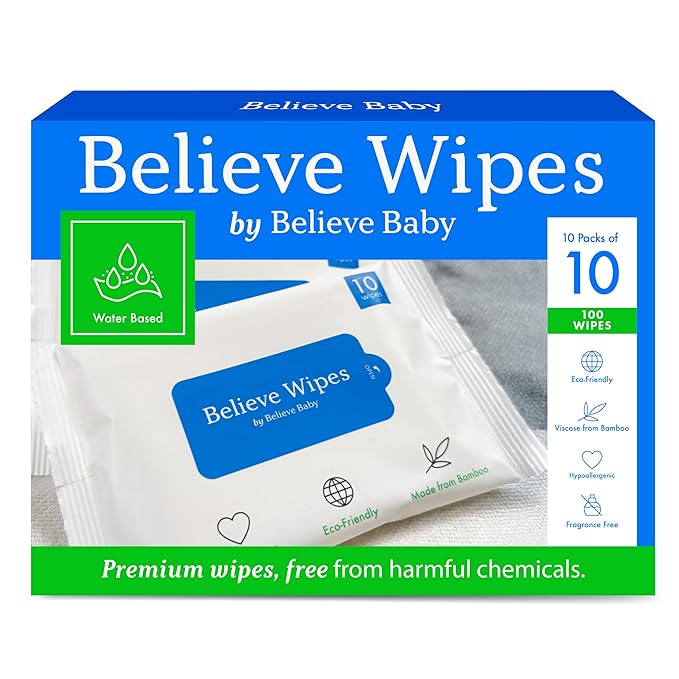 Believe Viscose Bamboo Baby Wipes Travel-Size 10pc-10 packs, Multi-Use Water Based Wipes Baby Sensitive Skin, Hypoallergenic and Fragrance Free for Babies – Gentle Plant-Based Viscose Bamboo Wet Wipe