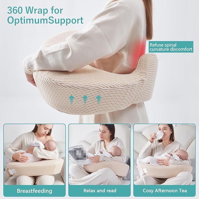 QSTEHEML Nursing Pillow for Breastfeeding - Adjustable Breastfeeding Pillows for Women with More Support & Removable Cover, Baby Feeding Pillow for Newborn Moms and Baby Essentials,Beige