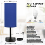 Blue Table Bedside Lamp for Bedroom Nightstand - Small Lamp with USB A + C Charging Port, 3 Color Temperatures Pull Chain Night Stand Light with Bulb, Side Table Desk Reading Lamp for Living Room