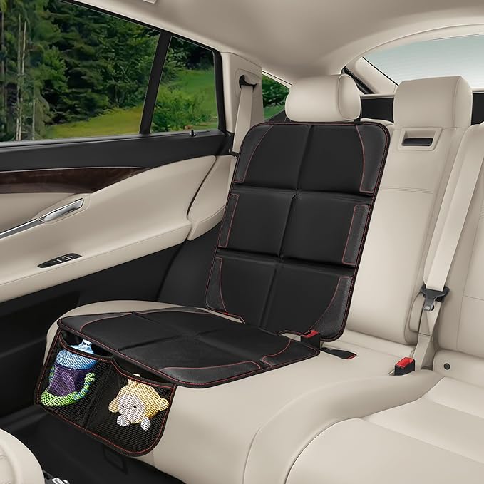 Car Seat Protector 2 Pack Baby Car Seat Covers with Mesh Pockets & Non-Slip Backing 600D Durable Seat Protector Under Baby Car Seat (Black & Red, Large)