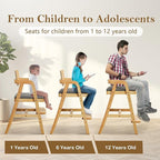 Solid Wood High Chair for Toddlers to Teens, Adjustable Height Toddler Dining Chair, Easy to Clean Toddler Highchair with Removable PU Cushion for Dining, Studying, Step Tool, Natural