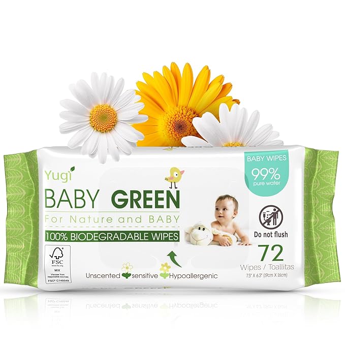 Yugi Green Baby Wipes – Unscented, Compostable, Biodegradable, Plant-Based, Fragrance-Free, for Sensitive Skin & Babies – 1 Pack of 72 (72Count)
