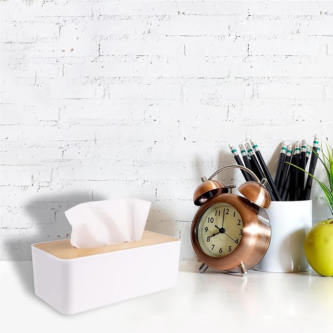 MOCHTERO Tissue Box Cover,Tissue Holders,Tissue Box Holder for Bathrooms,Bamboo Cover Plate,Home and Office,9.7 * 5 * 3.6in (White)