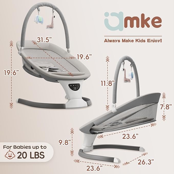 AMKE Baby Swing for Infants with Spacious & Breathable Mesh Seat - 5-Point Harness, Portable Swing Rocker, 5 Sway Speeds & 3 Timer, 12 Lullabies for Newborn Max 20 Lbs