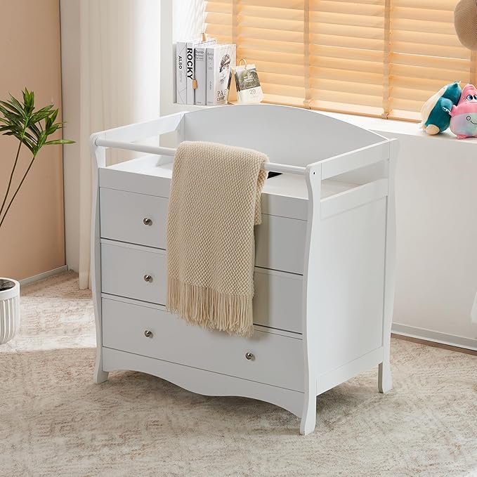 Karl home Changing Table Dresser Baby Diaper Changing Station Infant Nursing Table with 3 Drawers, Safety Rail & Strap for Bedroom, Nursery, White