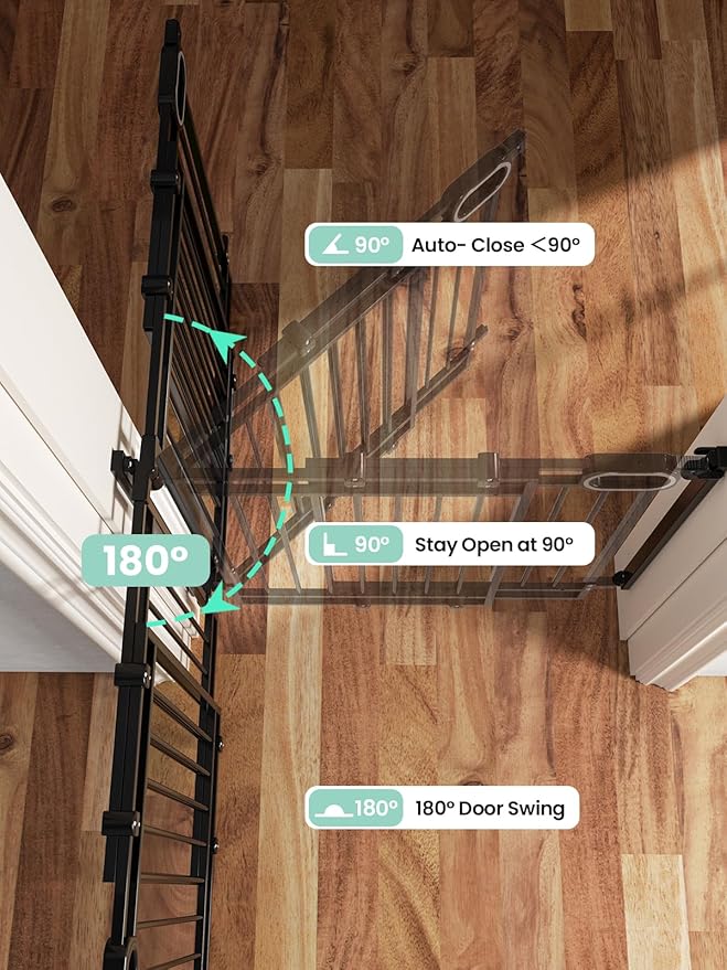 Grownsy No Bottom Bar Baby Gate for Stairs, Adjustable Width 29.8” to 43.5” for Child and Pet, Dog Gate with Auto-Close & Walk Through, Hardware-Mounted Install for Doorways and Indoor Use,Black