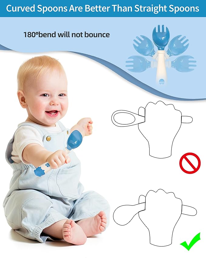 Deejoy Toddler Utensils, Self-feeding Flatware Set withTravel Case, Baby Spoons and Forks with Silicone Bendable Handle, Easy Grip Heat-Resistant, Ideal for Kids, Stage 2 (Blue)