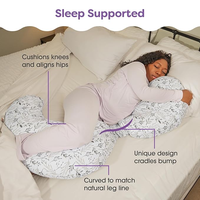 Boppy Total Body Pregnancy Pillow, Gray Scattered Leaves, Supportive Pregnancy Body Pillow for Versatile Full Body Use, Contoured Shape at All Stages