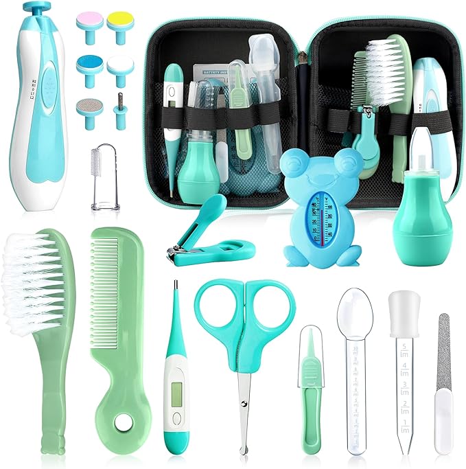 Baby Healthcare and Grooming Kit, 20 in 1 Portable Baby Safety Care Set with Hair Brush Comb Nasal Aspirator Electric Nail Trimmer Set Baby Essentials kit for Newborn Boys Girls (Green 20 in 1)