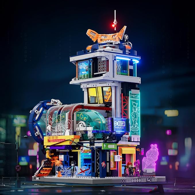 Cyberpunk Floating-Train-Station Lighting-Building-Bricks Set - Cyberpunk City Future Levitation Train Station Street View Collection LED Light Model 2760 Pcs for Adults and Sci-fi Lovers