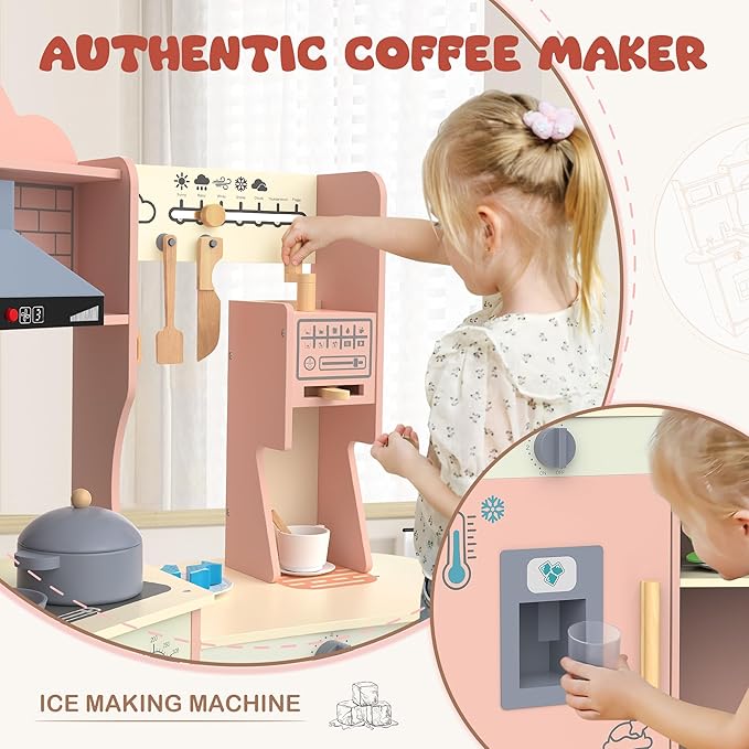 ANPABO Play Kitchen for Kids, Wooden Kitchen Playset w/Real Lights & Sounds, Coffee & Ice Maker, Microwave, Stove, 30Pcs Accessories Include Play Food, Pretend Play Set for Boys & Girls, Pink