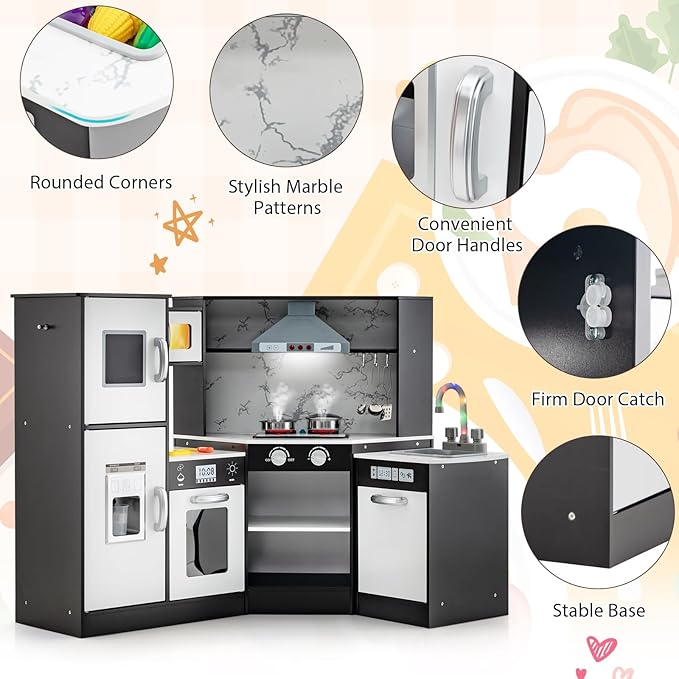 Costzon Kids Kitchen Playset, Pretend Cooking Toys w/Washing Basin, Real Lights & Sounds, Microwave, Oven, Blackboard, Ice Maker, Range Hood, Stoves, 2-PieceCorner Wooden Play Kitchen for Kids 3+