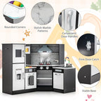 Costzon Kids Kitchen Playset, Pretend Cooking Toys w/Washing Basin, Real Lights & Sounds, Microwave, Oven, Blackboard, Ice Maker, Range Hood, Stoves, 2-PieceCorner Wooden Play Kitchen for Kids 3+