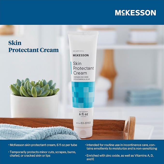 McKesson Vitamin A & D Skin Protectant Cream with Zinc Oxide - Incontinence Barrier Cream, Diaper Rash, Healing Dry and Cracked Skin - 6 oz, 1 Count