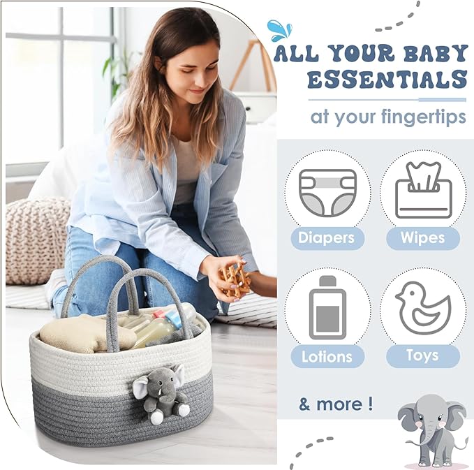 Elephant Diaper Caddy Organizer Cart Storage for Nursery with Handle Baby Shower Basket Gift Baby Bath Caddy for Diapers Wipes Elephant Basket for Nursery(Large)