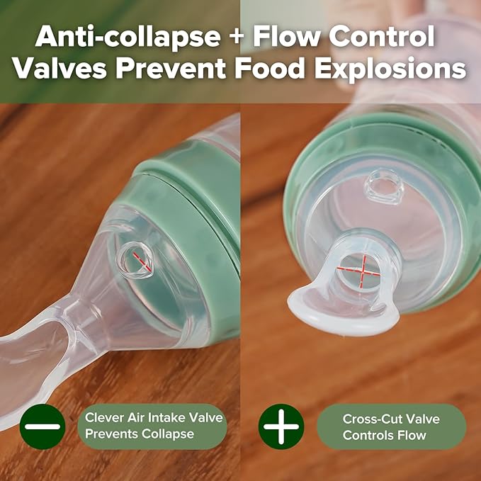 Haakaa Silicone Baby Food Dispensing Spoon Feeder 4oz - Infant Squeeze Cereal Feeder, Baby Fresh Food Feeder, Feed Bottle for Puree, Solid Baby Food, BPA Free, 4m+ Babies – Pea Green