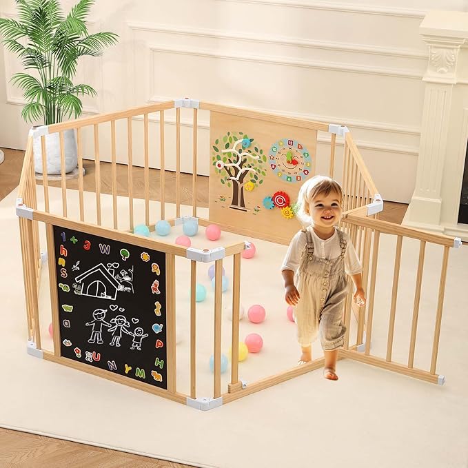 All-in-one Wood Baby Playpen with Door, Adjustable Wooden Play Fence with Dual-Sided Chalkboard, Whiteboard & Montessori Activity Toys, Expandable Activity Center Safe Playard for Babies 3M+