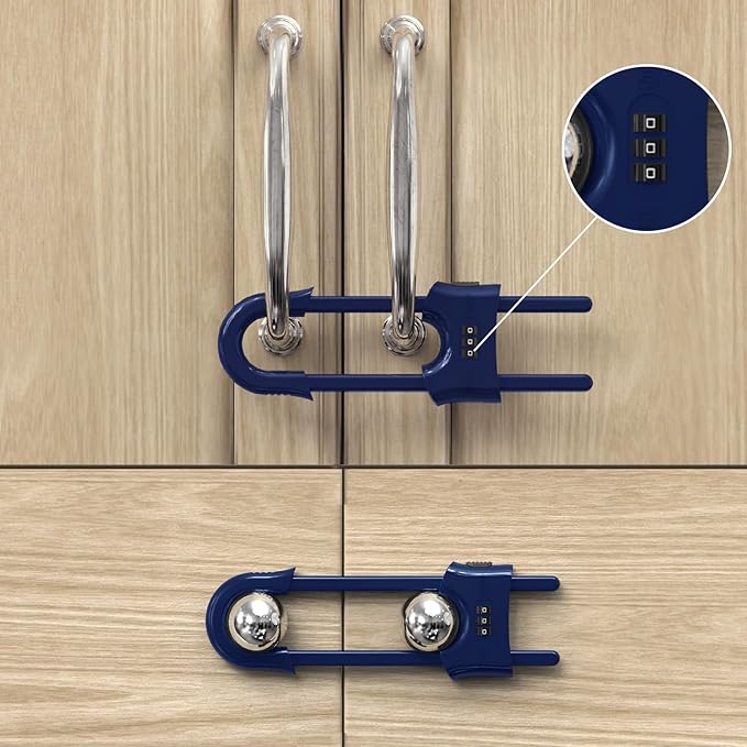 4 Pack Child Proof Sliding Cabinet Door Code Locks Baby Safety Cupboard Locks Adjustable U Shaped Cabinet Latches for Knob Handle Drawers Closet (4 PCS, Blue)