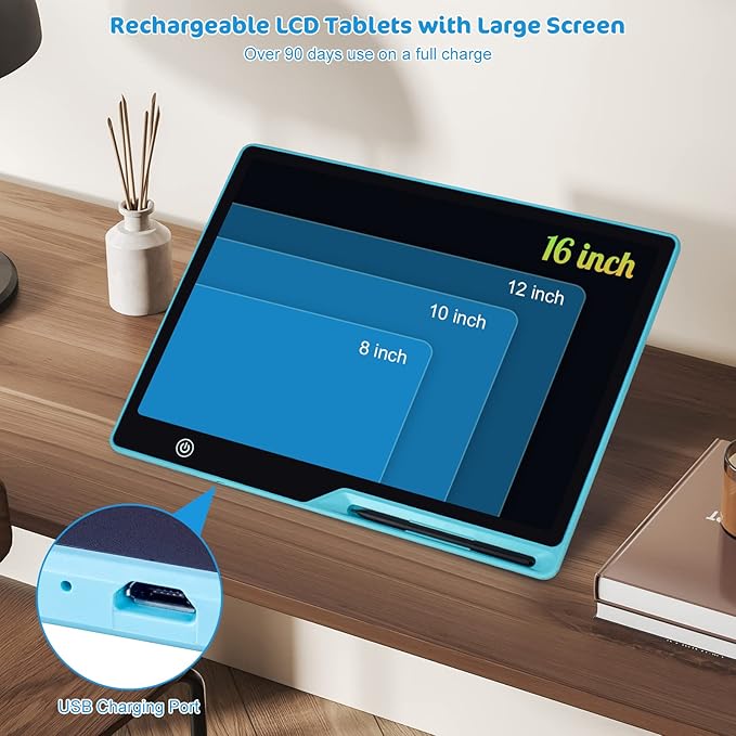 LCD Writing Tablet,16 Inch Colorful Screen Rechargeable Doodle Board Toddler Educational Toys for 3 4 5 6 Years Old Boys Girls Reusable Portable Drawing Tablet Christmas Toys Gifts for Kids (Blue)
