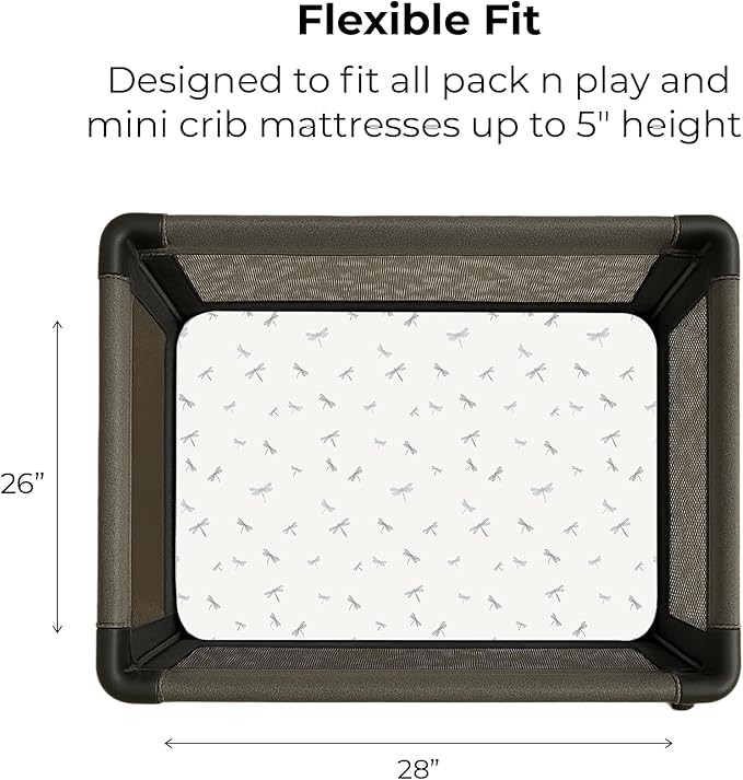 Ely's & Co. Pack and Play Sheets, for Mini/Portable Crib, 2 Pack Fitted Playpen Play Yard Sheet Set Compatible with Graco Pack n Play, for Baby Boys, 100% Cotton, 38”x24”x5” Blue Dragonfly + Stripes