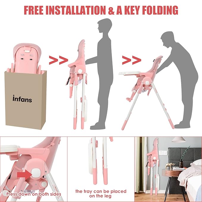 INFANS 4 in 1 High Chair–Booster Seat, Convertible Highchair w/Adjustable Height and Recline,Removable Tray,DetachableCushion, Installation-Free,Simple Fold for Baby, Infant& Toddler (Pink)