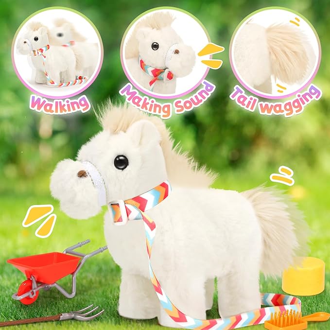 Tagitary Plush Toys Horse for Kids, Interactive Plush Toys with Leash,Can Make Sounds,Walk,and Wag Tail,Stuffed Horse Realistic Pet for Boys Girls