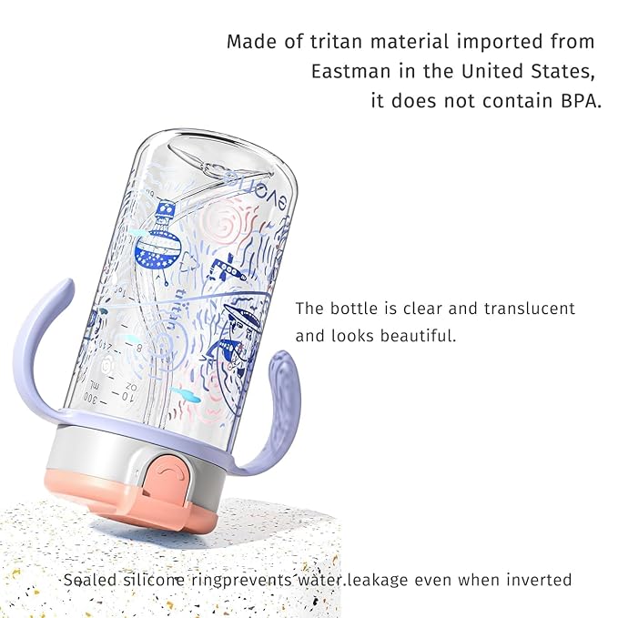 Evorie Tritan Spill Proof Toddler Straw Sippy Cup, 10 oz for Baby and Toddlers 1-3 Years Old, No Spill Straw Water Bottle with Removable Handles, Ideal for School, BPA-Free, Travel in Space