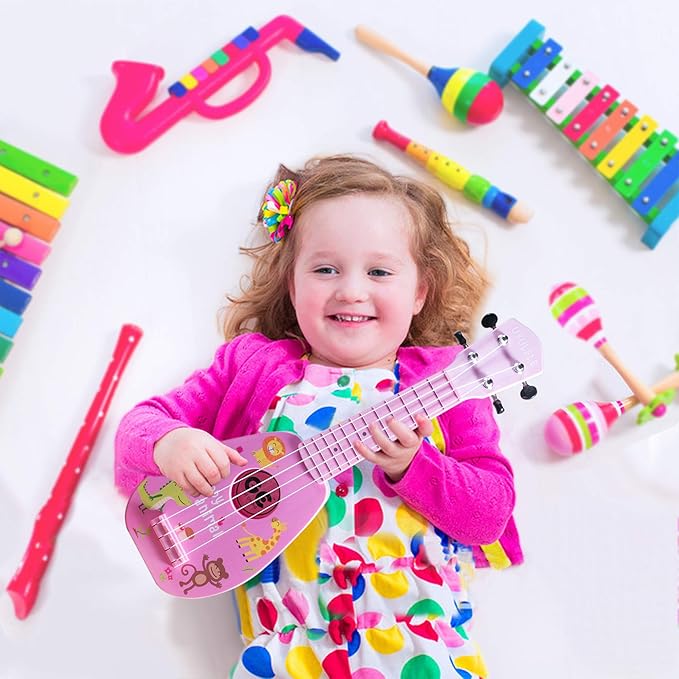 YOLOPARK 17" Kids Toy Guitar for Girls Boys, Mini Toddler Ukulele Guitar with 4 Strings Keep Tones Can Play for 3, 4, 5, 6, 7 Year Old Kids Musical Instruments Educational Toys for Beginner (Pink)