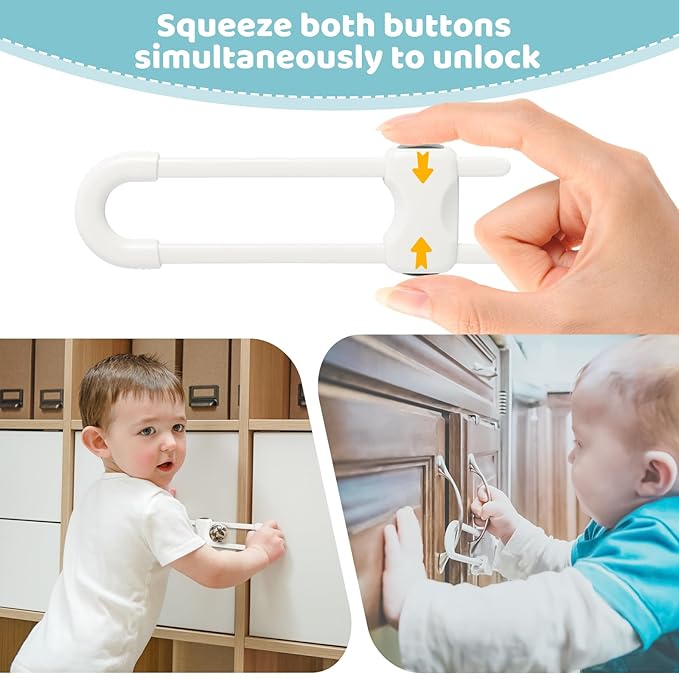 Baby Proofing Cabinets, Sliding Cabinet Locks for Babies, Adjustable U Shaped Baby Safety Locks, Childproof Cabinet Latch for Kitchen, Bathroom, Drawer, Cupboard Doors Knobs & Handles (6 Pack White)