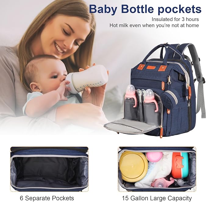 Baby Diaper Bag Backpack, with Diaper Changing Station, Multi-functional Travel Diaper Waterproof Backpack, for Baby Boys and Girls, Folding Portable Nappy Changing Mat and Sun Canopy(Large Blue)