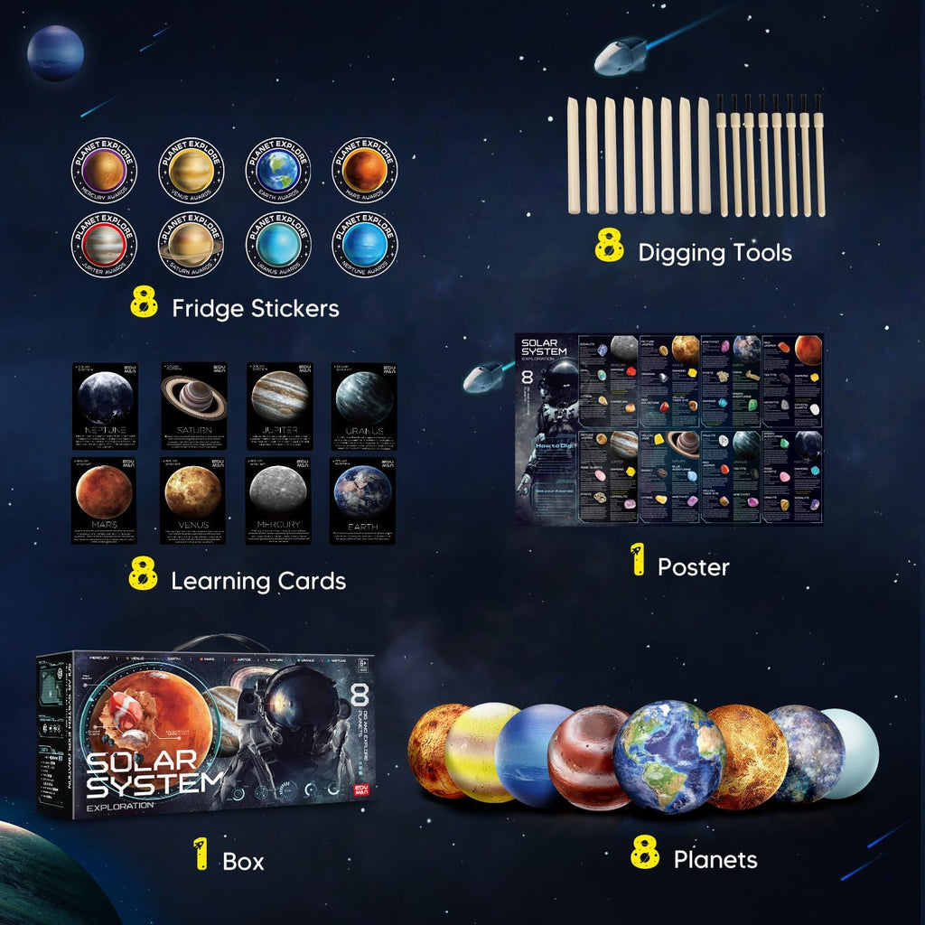 Gemstone Dig Kit - Dig It Up 40 Real Gems & Crystals with Mining Kit Tools, Solar System Eight Planets Toys for Kids Age 6+, STEM Science Educational Toys, Space Toys Ideal Gift for Boys Girls